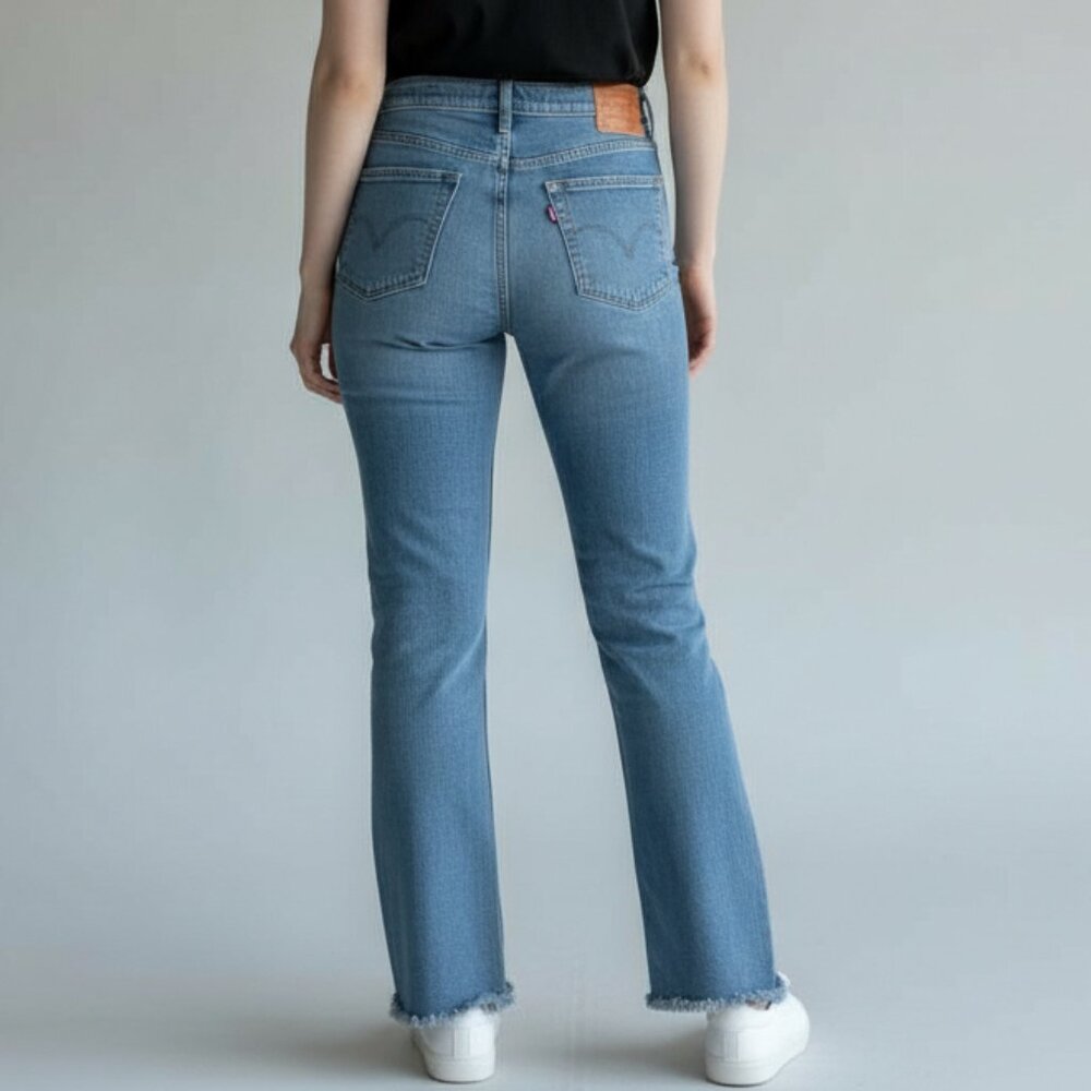 Levis Mid-Rise Skinny Blue Jeans Distressed with Fringed Cuffs Size 29